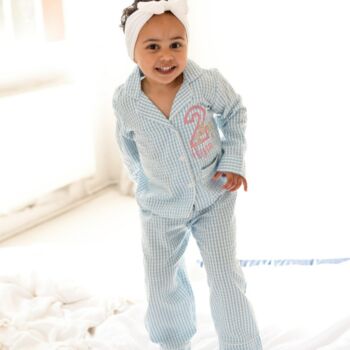 Birthday Gingham Personalised Embroidered Bow Pyjamas Choice Of Ages Available, 2 of 6