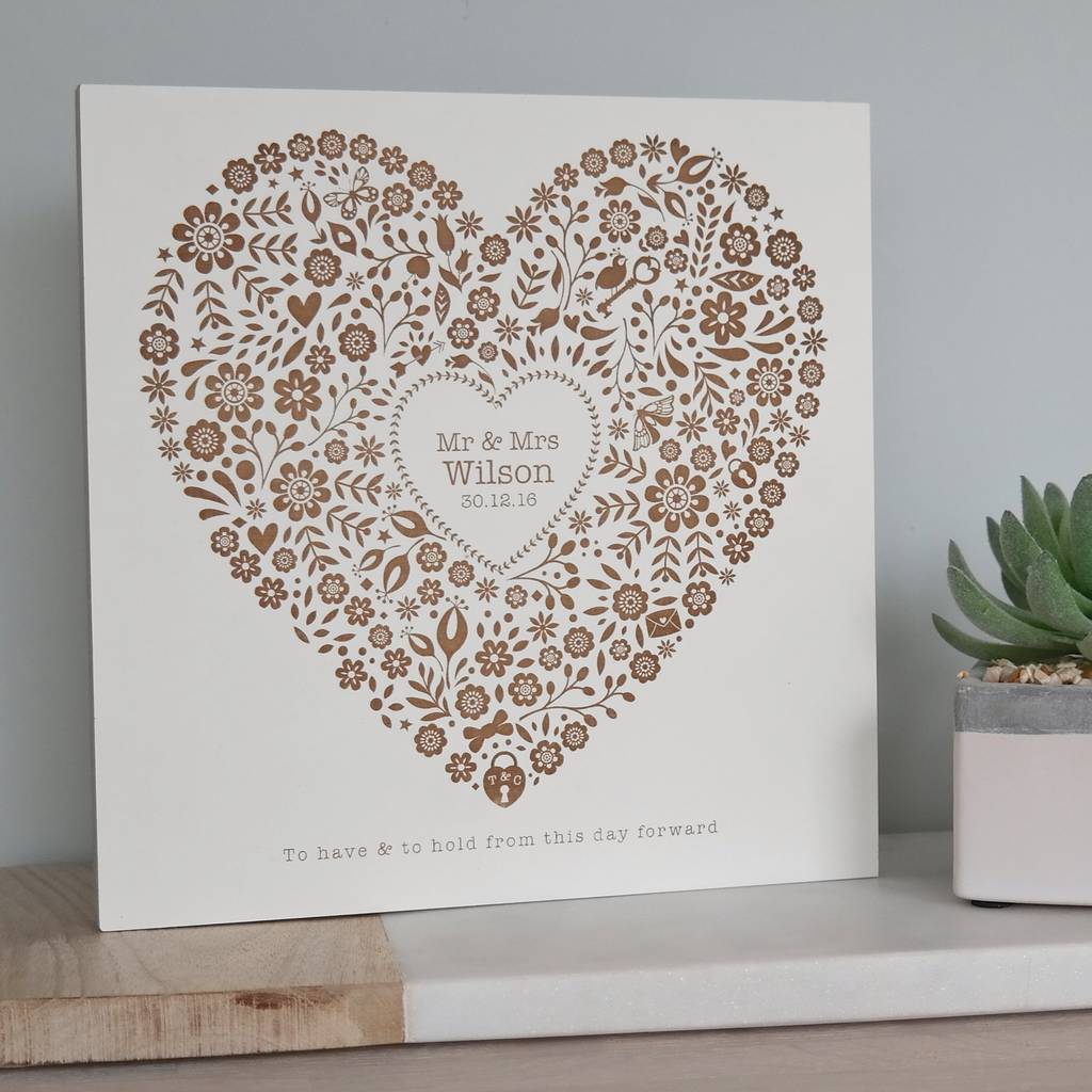 Personalised Engraved Wedding Floral Heart Plaque By Pepper Print Shop 3387