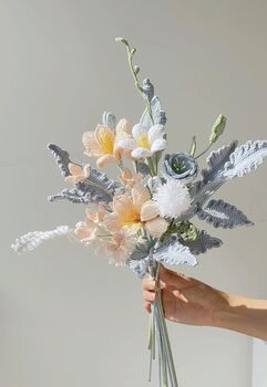 Handmade Crochet Pastel Meadow Bouquet – Soft Blue And Peach Floral Arrangement, 3 of 3