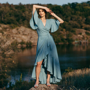 Long Bohemian Wrap Linen Dress With Frill Details, 2 of 10