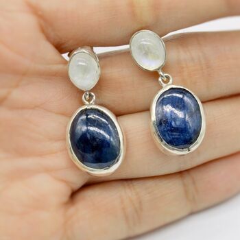 Blue Sapphire, Moonstone Sterling Silver Earrings, 6 of 7