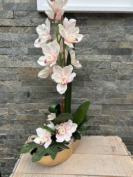 Large Pink Cymbidium Orchid In Gold Bowl, 6 of 8
