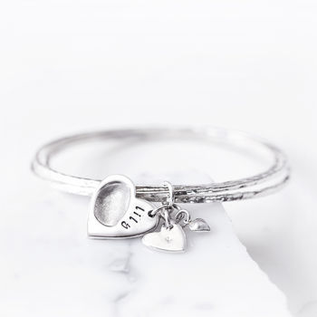 Silver Hammered Bangles With Fingerprint Heart Charm, 3 of 9