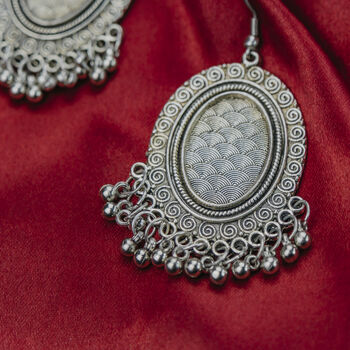 Silver Plated Victorian Oval Dangle Ghungroo Earring, 7 of 8