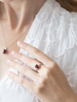 Garnet Emerald Cut Pendant Necklace In Sterling Silver And Gold, 10 of 11