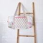 Block Printed Pink And Mint Floral Bird Quilted Duffle Bag, thumbnail 2 of 9
