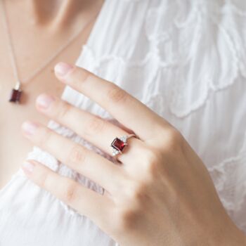 Garnet Emerald Cut Ring In Sterling Silver And Gold, 7 of 10