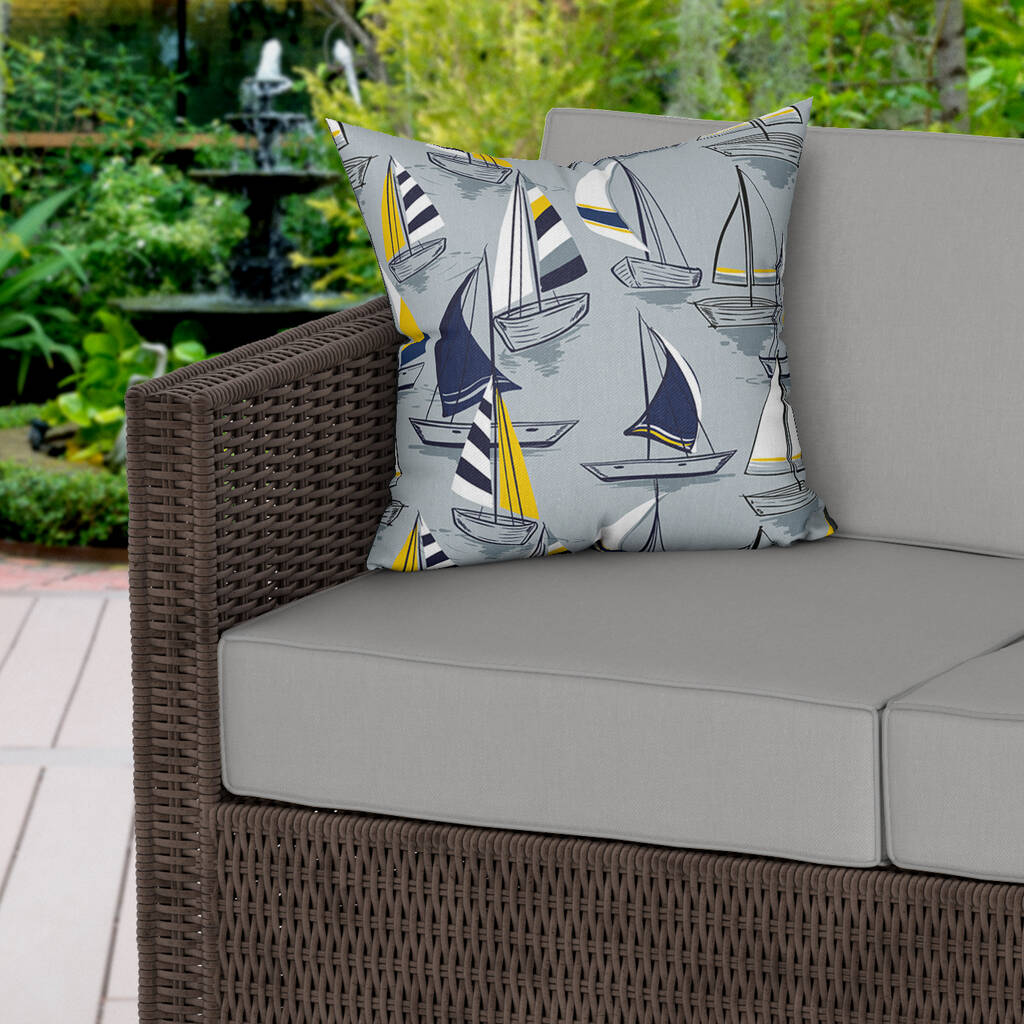 Grey Nautical Sailboats Water Resistant Outdoor Cushion, 1 of 3
