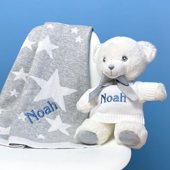 Personalised Grey Stars Blanket And Keeleco Baby Teddy, 2 of 9