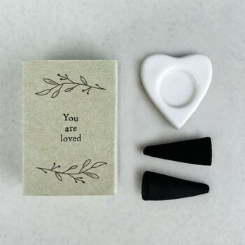 East Of India Mini Matchbox Incense Holder And Two Incense Cones Black Pomegranate 'You Are Loved' Heart, 2 of 4