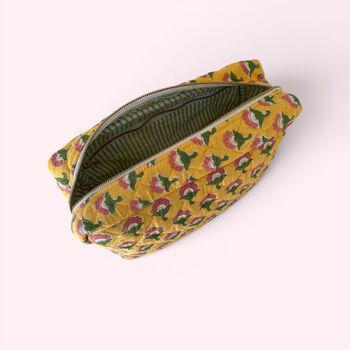 Xl Toiletry Bag | Quilted Cotton Large Wash Bag | Yellow Flower Block Print, 3 of 4
