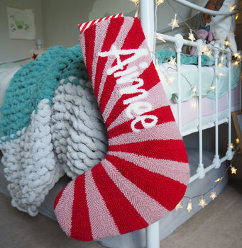 Custom Red And Pink Stripe Christmas Stocking, 3 of 4