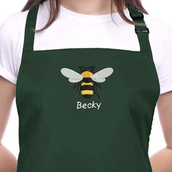 Personalised Embroidered Bee Apron In Bottle Green, 3 of 5