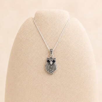 Personalised Sterling Silver Marcasite Owl Pendant Necklace, 4 of 10