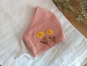 Dusty Pink Linen Face Mask With Hand Embroidered Flower, 3 of 4