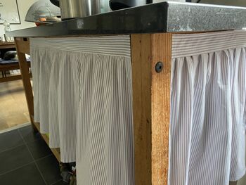 Hook And Loop Sink Skirt, Putty And Beige Bespoke Stripy Cabinet Curtain, 5 of 6