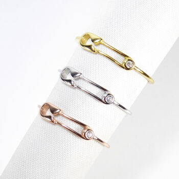 Safety Pin Cz Rings, Rose Or Gold Plated 925 Silver, 6 of 11