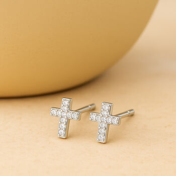 Sterling Silver Cubic Zirconia Cross Stud Earrings, 3 of 7