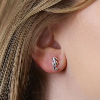Sterling Silver Seahorse Stud Earrings, 2 of 8