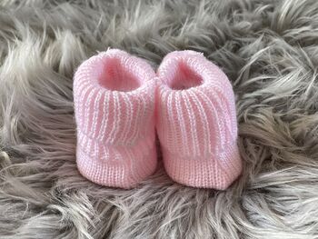 Pink Knitted Baby Booties With Pom Pom, 6 of 8