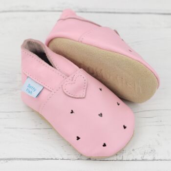 Dotty Fish Pink Cut Out Hearts Soft Leather Baby Shoes With Barefoot Soles, 3 of 7