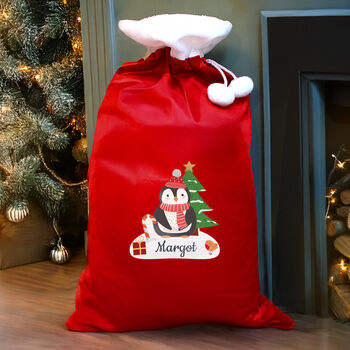 Personalised Christmas Penguin Luxury Pom Pom Red Sack, 2 of 4