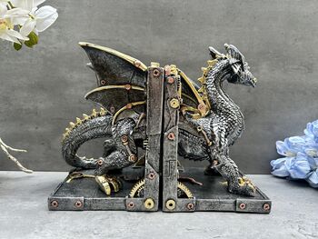 Pair Of Steampunk Dragon Bookends – Silver And Gold Retro, 12 of 12