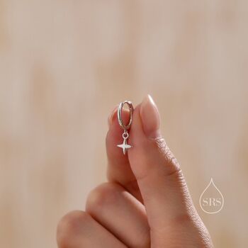 Sterling Silver Tiny Four Point Star Huggie Hoop Earrings, 4 of 11