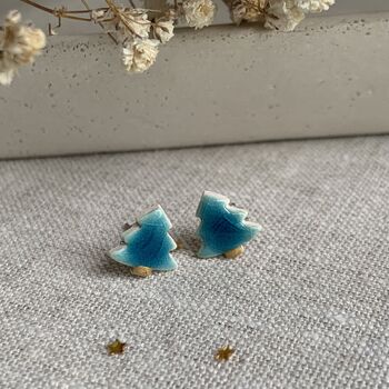 Tiny Turquoise Christmas Tree Ceramic Earrings, 9 of 10