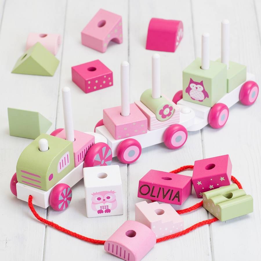 Personalised Pink Wooden Building Blocks Train By British and Bespoke