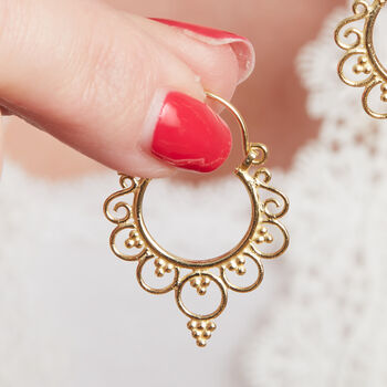 Gold Plated Silver Filigree Sleeper Hoops, 7 of 9
