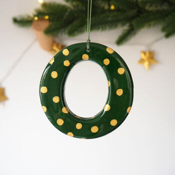 Personalised Handmade Green And Gold Polka Dot Clay Hanging Letter, 4 of 5