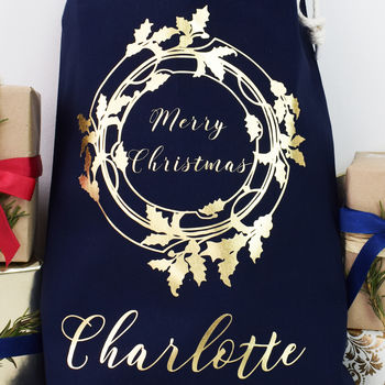 Personalised Holly Wreath Christmas Sack, 2 of 9