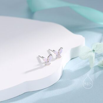 Sterling Silver Opal Pink Cz Butterfly Stud Earrings, 6 of 12
