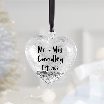 Personalised Newlywed Silver Heart Christmas Bauble, 2 of 8