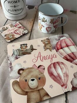 Kids Personalised Pink Teddy Bear Placemat, Coaster And Mug Dinner Set, 6 of 7