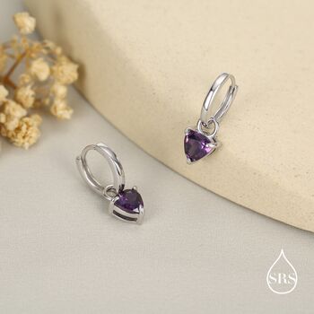 Sterling Silver Amethyst Purple Trillion Cut Cz Hoop Earrings, 2 of 11