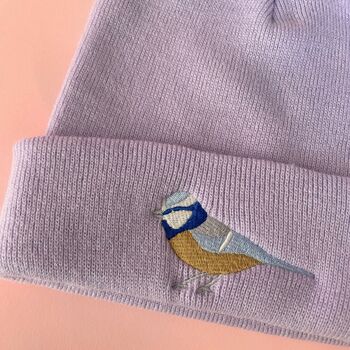 British Bird Blue Tit Embroidered Beanie Hat, 3 of 3