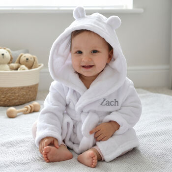 Personalised Soft Baby White Dressing Gown With Ears, 8 of 12