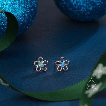 Sterling Silver Tiny Blue Opal Flower Stud Earrings, 2 of 11