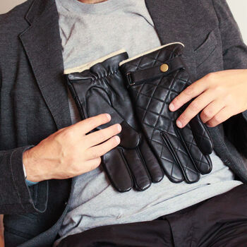 Men's Quilted Leather Gloves With Strap Detail, 5 of 12