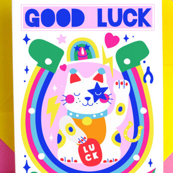 Good Luck Cat Colourful Greeting Card, 2 of 5