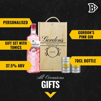 Personalised Gordons Pink Gin Gift Box With Folkington's Tonics, 2 of 5