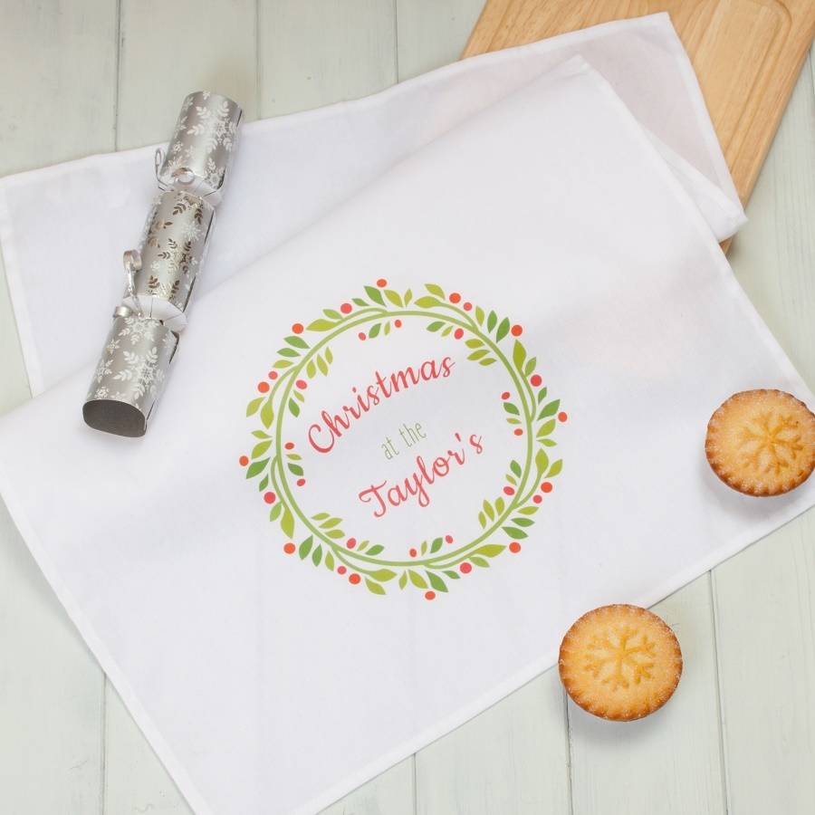 personalised wreath cotton christmas tea towels by british and bespoke