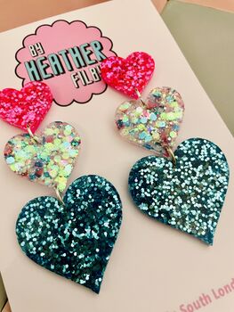 X Large Triple Heart Glitter Resin Earrings, 5 of 5