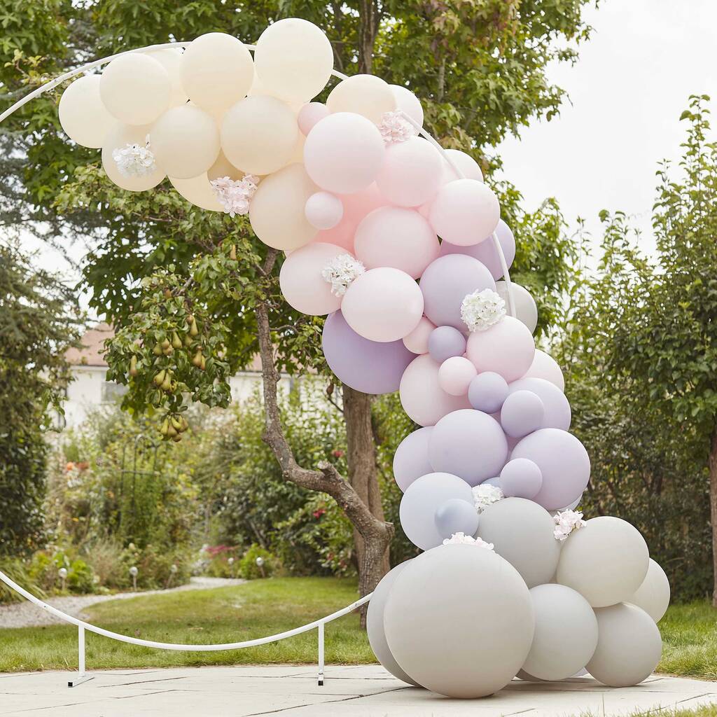 Pink, Lilac And Grey Balloon Arch With Hydrangeas, 1 of 5