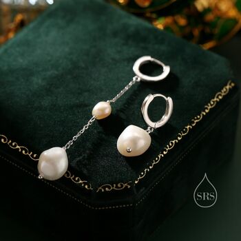 Asymmetric Baroque Pearl Huggie Hoop Earrings, 2 of 11