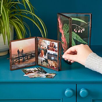 Antique Brass Recycled Glass Folded Double Photo Frame, 8 of 12