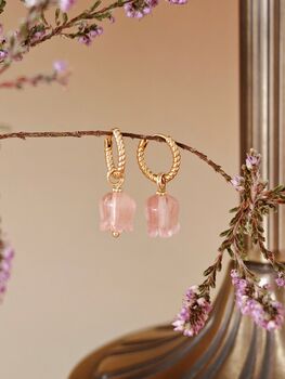 Natural Rose Quartz Lily Twisted Huggie Hoop Earrings, 9 of 10