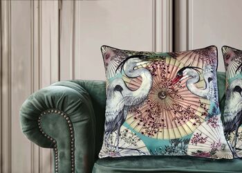 Sakura Sunshade Japanese Parasoles With Crane Birds Luxury Velvet Square Cushion, 4 of 6